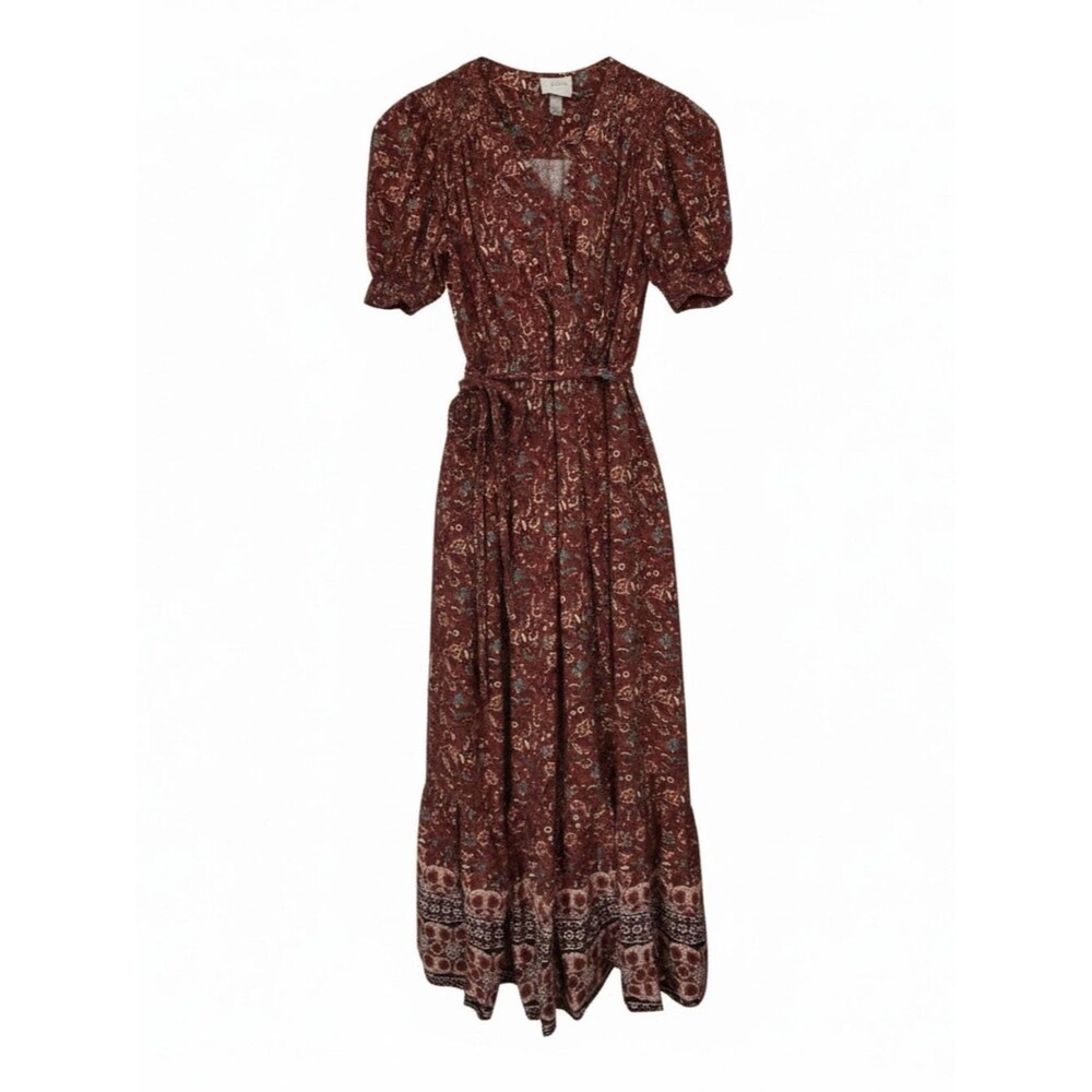 Knox Rose Brown Floral Maxi Dress with Puff Sleeves - Size XS - Contains Flaw